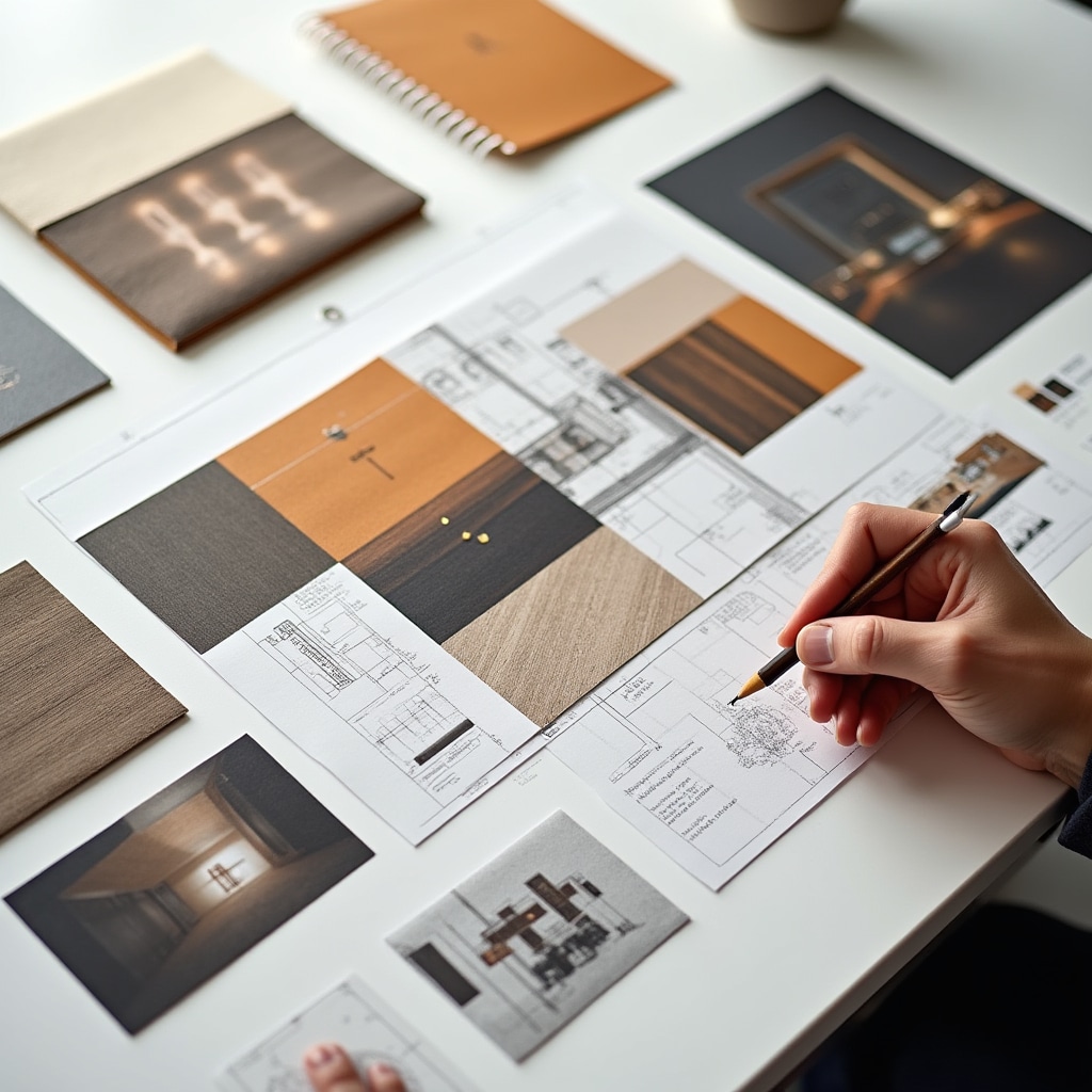 Tavola di concept visivo per stand fieristico con moodboard di materiali e palette colori