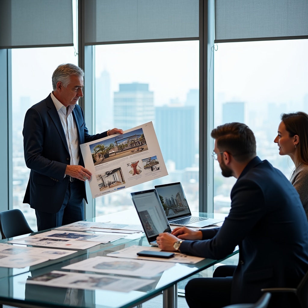 Consulente che illustra tavole progettuali di stand fieristico a cliente in sala riunioni