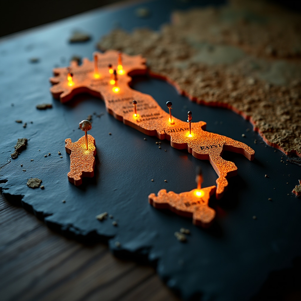 Mappa stilizzata dell'Italia con i principali quartieri fieristici evidenziati