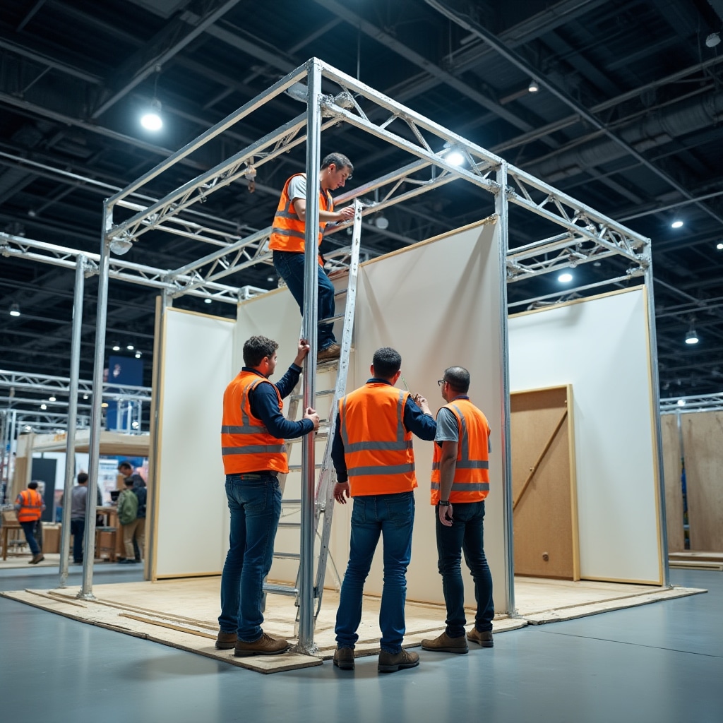 Operatori durante il montaggio di uno stand fieristico con strutture metalliche e pannelli grafici